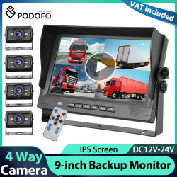 Monitor de Coche Podofo de 9'' con 4 Cámaras, Pantalla IPS, Resistente al Agua IP66, Visión Nocturna, Cámara para el Tablero, Grabador de Conducción DVR 1080P