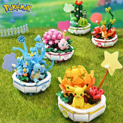 Nuevo Pokemon bloque de construcción Pikachu Charmander Squirtle modelo juguete decoración del hogar planta flor en maceta ladrillo niña juguete regalo para niños