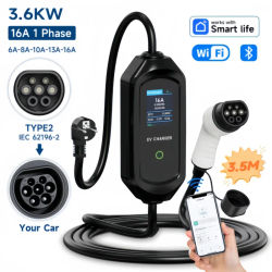 Cargador de Coche Eléctrico JNTAFEV Tipo 2, 3.6KW 16A, Cargador Portátil, Estación de Carga EV, Wallbox, Control por WiFi, APP y Bluetooth, 110-240V