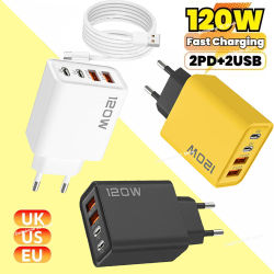 Cargador rápido USB de 4 puertos Total 120W adaptador de corriente de teléfono de carga rápida Cable USB tipo C para iPhone cargador de pared de carga rápida
