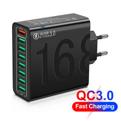 Cargador USB 8 en 1, puerto múltiple, carga rápida de alta velocidad para iPhone 15, Xiaomi, Huawei, teléfono móvil, carga rápida 3,0, cargador de pared