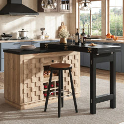 Extensible de 120-197 cm 360 ° Mueble Auxiliar Giratorio para Isla de Cocina, Puertas de Gabinete con Paneles Decorativos de Patchwork, Gran Espacio con Cajones de Almacenamiento y Botellero