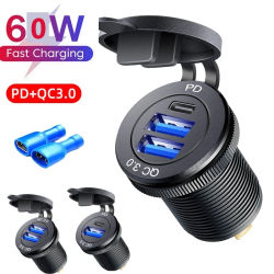Enchufe de cargador USB de aluminio de 60W, carga rápida, 12V/24V, USB C, enchufe de cargador de coche PD y QC3.0, puertos USB duales para coche, barco y motocicleta