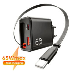 Nuevo Cargador de Teléfono USB Tipo C de Carga Súper Rápida de 65W con Cable USB C Retráctil para iPhone 17 16 15 Samsung POCO Xiaomi
