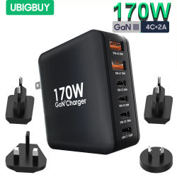 Ubigbuy-cargador rápido GaN de 170W, 6 puertos USB C PD 100W, cargador de pared para MacBook Pro/Air ThinkPad iPad Pro Samsung S23 iPhone 15/14