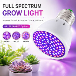Bombilla LED para Cultivo E27 220V, Espectro Completo, 60/80 LED, Lámpara para Plantas de Interior, Jardín, Semillero, Invernadero, Cultivo Hidropónico, Carpa de Cultivo