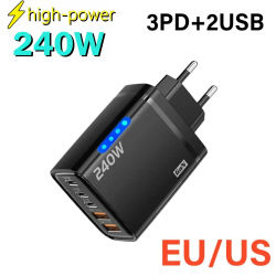 Cargador USB PD de 5 puertos, cargadores de teléfono de carga rápida tipo C de 240W, adaptador de carga rápida USB para iPhone 16, Samsung, Xiaomi, Huawei