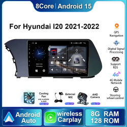 Radio Android 15 para Auto Hyundai I20 2021-2022, Reproductor Multimedia Estéreo, Carplay Inalámbrico, Navegación GPS, Video, Bluetooth