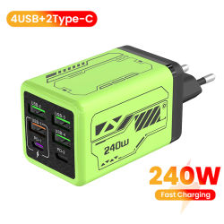 Cargador USB C 240W 6 en 1, adaptador de corriente de carga rápida para iPhone, Samsung, Xiaomi, enchufe EU/US/UK/KR, cargador de pared de carga rápida