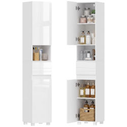Mueble de baño estrecho de madera blanca de alto brillo con cajón y estantes