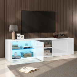 Mueble para TV, mueble bajo con 3 puertas, mueble de vidrio templado, mueble para TV de alta calidad con luces LED