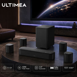 Barra de Sonido ULTIMEA Aura S5T de 420W y 7.1 Canales con Dolby Atmos para TV, Sistema de Sonido Envolvente con Subwoofer de 5.25 Pulgadas y 4 Altavoces Envolventes