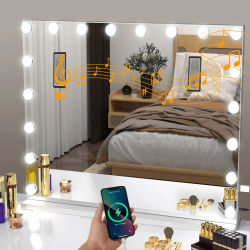 Espejo de maquillaje con bombilla LED, altavoces Bluetooth, control táctil regulable, puerto de carga, espejo cosmético para dormitorio