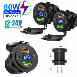 Cargador de Coche Multi-Puerto con PD y QC3.0, Toma de Corriente USB con Voltímetro Digital de 12V/24V para Motocicleta, Coche, Barco, Camión, Autobús