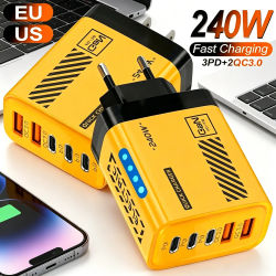 Cargador USB GaN de 5 puertos y 240W, adaptador de corriente de carga rápida tipo C QC3.0, cargador de pared tipo C para iPhone, Samsung, Xiaomi, enchufe EU/US