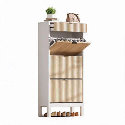 Nuevo Mueble Zapatero de MDF PB con Patrón de Ondas, 3 Puertas, 1 Cajón, Roble Blanco, para Pasillo