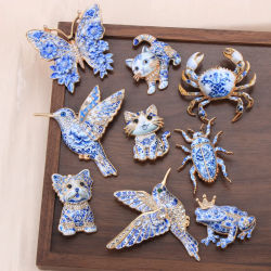 Broches de Porcelana Azul y Blanca Estilo Chino para Hombres y Mujeres, con Diseños de Insectos, Animales, Plantas y Flores