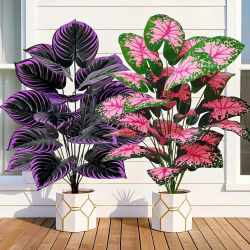 Juego de 2 plantas artificiales de caladio con hoja rosa púrpura, plantas bonsái de imitación para suelo, jardín, hogar, dormitorio, oficina, decoración de flores