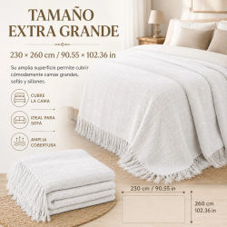 Manta de Algodón 100% para Sofá y Cama, Colcha Multiusos de 230x260cm con Textura de Cuadros en Relieve y Flecos, Protector de Muebles Transpirable y Suave, Cubrecama Extra Grande