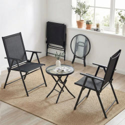 Juego de Muebles de Jardín de 3 Piezas, Silla Plegable con Respaldo Alto y Mesa de Centro de Vidrio, Silla de Camping Ajustable en 7 Posiciones, Muebles de Balcón
