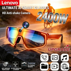 Lenovo 2026 Nuevas Gafas Inteligentes con IA ChatGPT de 2400W, Gafas de Sol Deportivas para Ciclismo con Video Antivibración 1080P, Micrófono Dual, 32GB, Gafas a Prueba de Viento