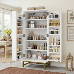 Mueble de Almacenamiento para Cocina, Aparador, Mueble Buffet para Espacios Pequeños de Comedor o Sala de Estar, con Estantes Interiores Ajustables, Color Blanco y Dorado, Mueble Organizador Moderno