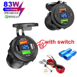 Cargador Rápido para Auto QC 3.0 PD30W con Doble Puerto USB, 12V/24V, Impermeable, con Interruptor, Adaptador de Carga Rápida para Auto