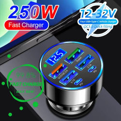 Cargador montado en el coche con pantalla Digital Led 27W 6 en 1 adaptador rápido 4 puertos USB 2 cargador de estación de carga de coche Pd tipo C