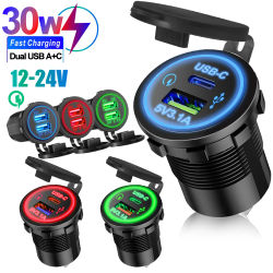 Cargador Universal para coche y motocicleta, luz LED, cargador USB TYPE-C, toma de corriente, cigarrillo, luz impermeable para Auto, camión, ATV, barco