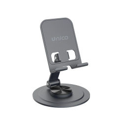 UNICO 360 ° Soporte giratorio para teléfono, hecho de metal, ángulo ajustable, adecuado para tabletas y teléfonos, soporte de escritorio plegable antideslizante, adecuado para teléfonos inteligentes