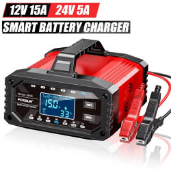Cargador de Batería Inteligente para Coche 12V/24V 15A, Mantenedor Automático, Cargador de Reparación por Pulsos para Baterías AGM, GEL, Plomo-Ácido y LiFePO4, Pantalla LCD de 10 Etapas para Auto,