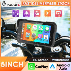 Podofo Monitor de pantalla táctil HD impermeable para motocicleta de 5 pulgadas, pantalla de navegación inteligente portátil, reproductor multimedia inalámbrico Carplay Android Auto para sistema de