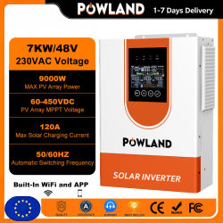 Inversor híbrido POWLAND 7KW 48V PV 230V sinusoidal puro con cargador MPPT 120A, funcionamiento sin batería y doble salida de CA