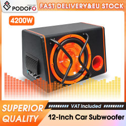 Podofo Subwoofer de Banda Pasante de 12 Pulgadas y 4200W de Alta Potencia para Coche, con Amplificador Incorporado, Altavoz Estéreo de Graves Profundos, Completo con Cable de Audio, Caja Acústica para