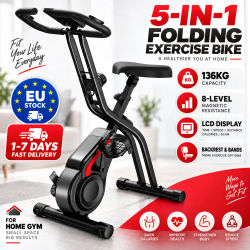Bicicleta de ejercicio plegable 5 en 1 para uso doméstico, con capacidad de 136 kg, 8 niveles de resistencia magnética, monitor LCD, respaldo y bandas de resistencia.