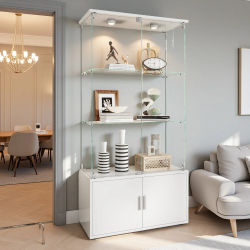 Vitrina, Vitrina de Vidrio, Estantería, Estante de Vidrio, Mueble de Almacenamiento, de Tres Niveles, con Luz LED, de Pie, con Mueble de Almacenamiento Debajo, para Salas de Estar, Dormitorios,