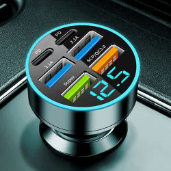 Cargador de coche USB C tipo C, 6 puertos USB, carga súper rápida, detección de voltaje de carga de teléfono, pantalla Digital, cargador de teléfono móvil