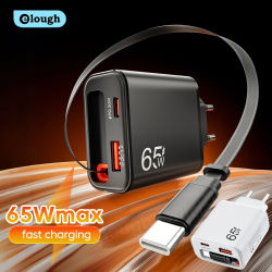 Elough-cargador de teléfono de 65W con Cable USB C de carga súper rápida retráctil para iPhone 17 16 POCO Xiaomi QC 3,0, cargador de pared USB
