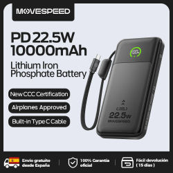 【CCC】MOVESPEED P19 Power Bank 10000mAh con cable USB C integrado, batería LFP, cargador externo para iPhone Xiaomi Samsung