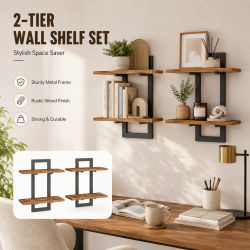 1/2 Piezas Estantes de Pared de 2 Niveles, Estanterías Flotantes de Madera, Estantes Colgantes para Baño, Bandeja para Plantas, Almacenamiento para Cocina, Sala de Estar