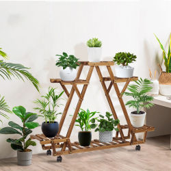 Soporte de Madera para Plantas con 6 Macetas, Soporte Triangular con Ruedas para Flores, Estante de Almacenamiento para Jardín Exterior