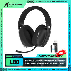 ATTACK SHARK L80 Auriculares para juegos ultraligeros de 180 g, micrófono enchufable, con cable/Bluetooth/inalámbrico 2.4G, sonido estéreo de 5.1 canales