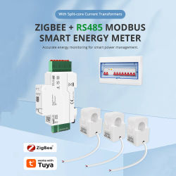 Medidor de Energía Zemismart 120A Zigbee para Riel DIN con Puerto RS485, Monitor de Energía Trifásico Compatible con Tuya, CTs de Núcleo Dividido Extraíbles