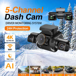 HUPEJOS 360 ° Cámara de salpicadero V8 Ultra-5CH 4K con sistema de Monitor de controlador AI DMS GPS incorporado WiFi visión nocturna, modo de Monitor de estacionamiento 24/7