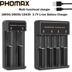 Cargador de batería PHOMAX 18650, 2/4 ranuras, carga dual 18650, batería de litio recargable de 3,7 V, cargador USB para 16340, 14500, 18650