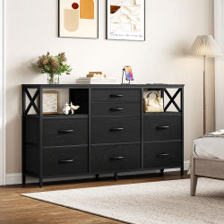 Cómoda de 140 cm, 2 Puertos USB y 2 Puertos AC, con 8 Cajones de Tela, Mueble de Almacenamiento Versátil para Sala de Estar, Dormitorio, Negro