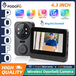 Podofo - Videoportero Inalámbrico con Pantalla IPS de 4.3 Pulgadas, Visión Nocturna, Intercomunicador de Video Bidireccional, Cámara para Puerta, Rango de Transmisión de 1 a 150 Metros, Monitor de