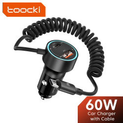 Toocki-cargador de coche USB de 60W para Xiaomi, Samsung, luz LED PD QC3.0 tipo C, cargador de carga rápida con Cable USB C para iPhone 15 Pro