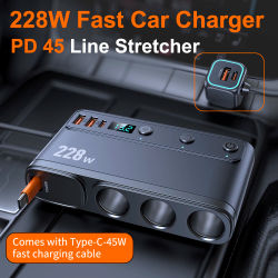Adaptador de cargador rápido para coche 228W 9 en 1, interruptores independientes de carga, salida de cigarrillo CC, divisor de encendedor de cigarrillos PD 3