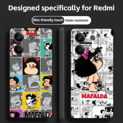 Funda de teléfono con diseño de cómic Mafalda para niña, funda de teléfono negra suave para Redmi Note 14 13 12 11 Pro Plus S 5G 14C A3